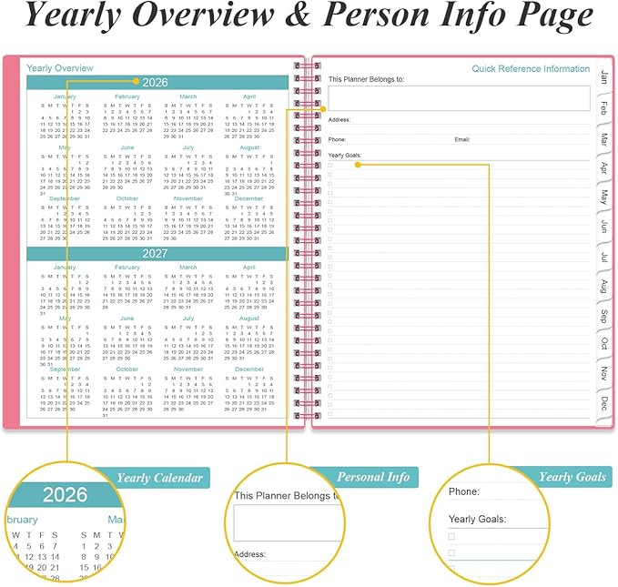 2026-2027 Monthly Planner - 18 Monthly Calendar, January 2026 - June 2027, Two Pages Per Month, 9" x11" Planner with Tabs, Strong Twin-Wire Binding, Inner Pocket, Pink