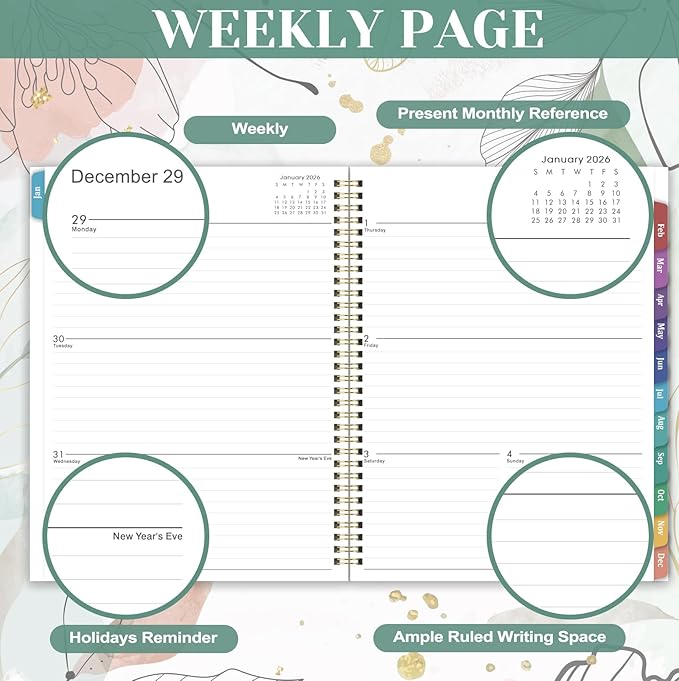 2026 Planner - 2026 Weekly and Monthly Planner, Jan.2026 - Dec.2026, Weekly and Monthly Planner 2026, 9" x 11", Calendar Planner, Colorful Tabs, Back Pocket, Perfect Daily Organizer - Floral