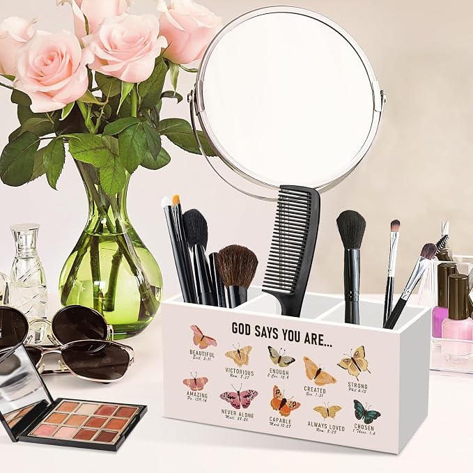 Christian God Says You Are Pen Pencil Holder for Desk, Christian Gifts for Women, Butterfly Office Desk Accessories, Butterfly Bible Makeup Brush Holders Organizer for Bathroom Classroom