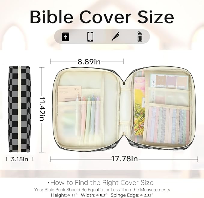 Bible Cover Case for Women Corduroy Bible Case for Girls Large Bible Cover with Handle Bible Study Supplies Accessories Christian Gifts for Women (Black Grey-Checkered, Medium)