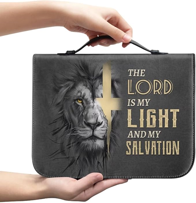 Retro Religious Style Cross Lion Bible Case with Bookmark Waterproof Bible Cover Case for Women Lightweight Bible Bag with Handle Pockets Church Book Bag Grey