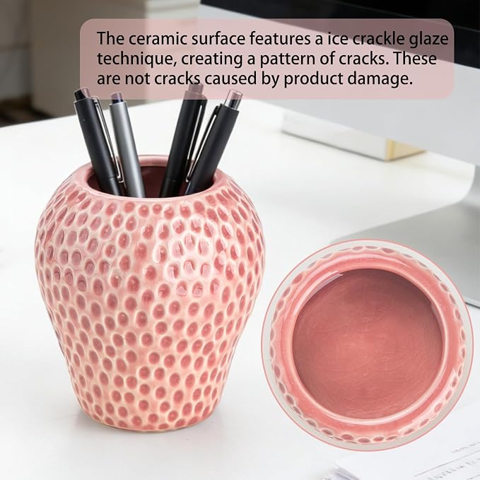 Ceramic Paper Clip Holder, Strawberry Pen Holder Set, Cute Pen Holder for Desk Storage Set of 2, Office, School, Home Decor(Pink)