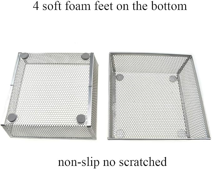 HAHIYO Stackable Mesh Tray Cup 6 x 6 x 2 inches Sturdy Container for Desk Drawer Organizer Collection for Home Office School kitchen Soft Foam Feet No Sharp Edges 2 Pack Silver