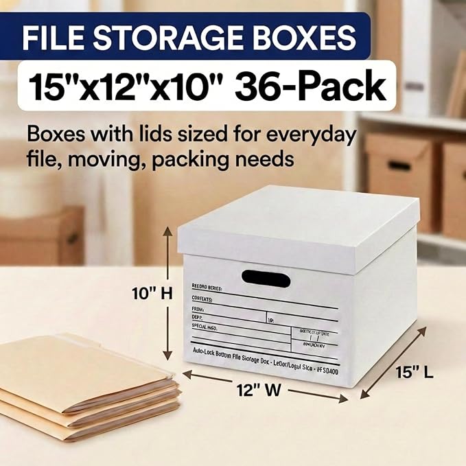 BOX USA Boxes with Lids and Handles (36-Pack) - File Storage Boxes for Office Supplies, Book Storage, Moving, and Packaging, Fits Letter and Legal Paper, Removable Lid