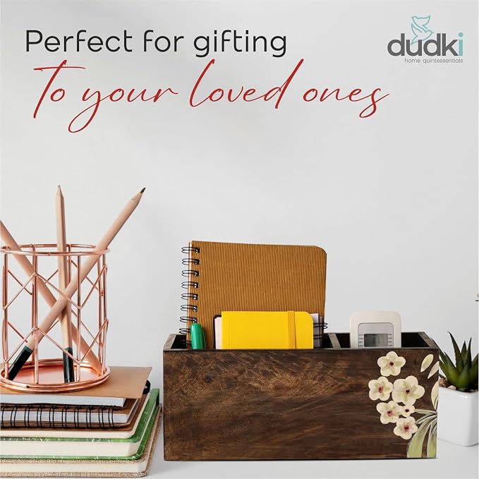 dudki 2 Compartment Floral Design Wooden Desk organizer caddy For Multipurpose stationary Storage Pen Stand Accessories With 2 Slots, Wooden, Classy looking dining table décor
