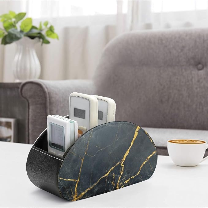 Polished Black Marble with Golden Veins Remote Control Holder with 5 Compartments Leather TV Remote Caddy Remote Storage Box Desktop Organizer for Pen/TV Remotes/Media Controllers/Office Supplies