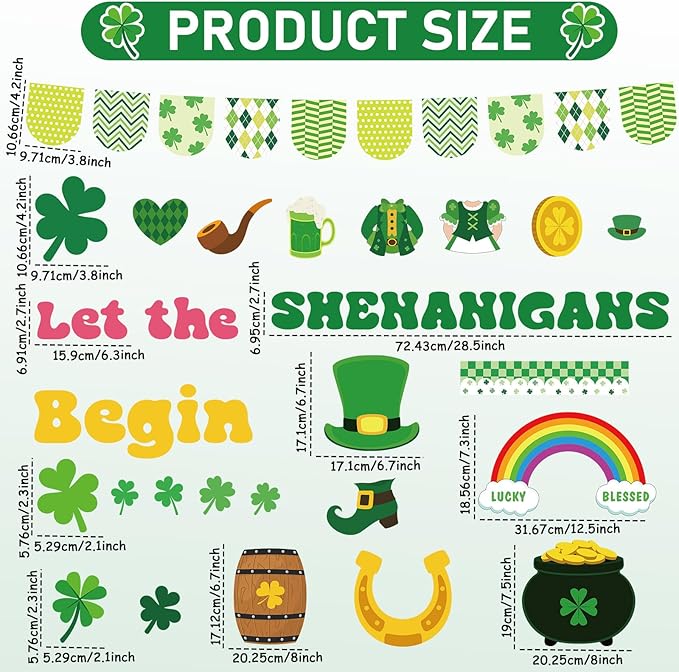 St. Patrick's Day Bulletin Board Decorations Set Leprechaun DIY Photo Craft Cutouts Green Lucky Shamrock Rainbow Irish Classroom Decoration for Holiday Party School Home Office Chalkboard Wall Decor