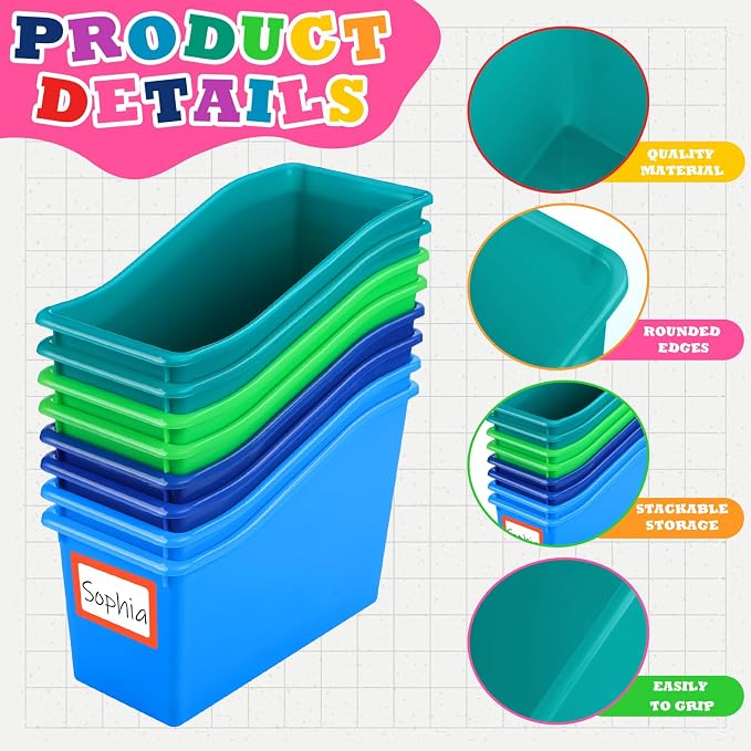 Jinei 24 Pack Fresh Riverside Color Book Bins for Classroom Bulk Binder Holders with Name Labels Plastic Organization Book Baskets Teacher Storage Boxes for Classroom Home Office