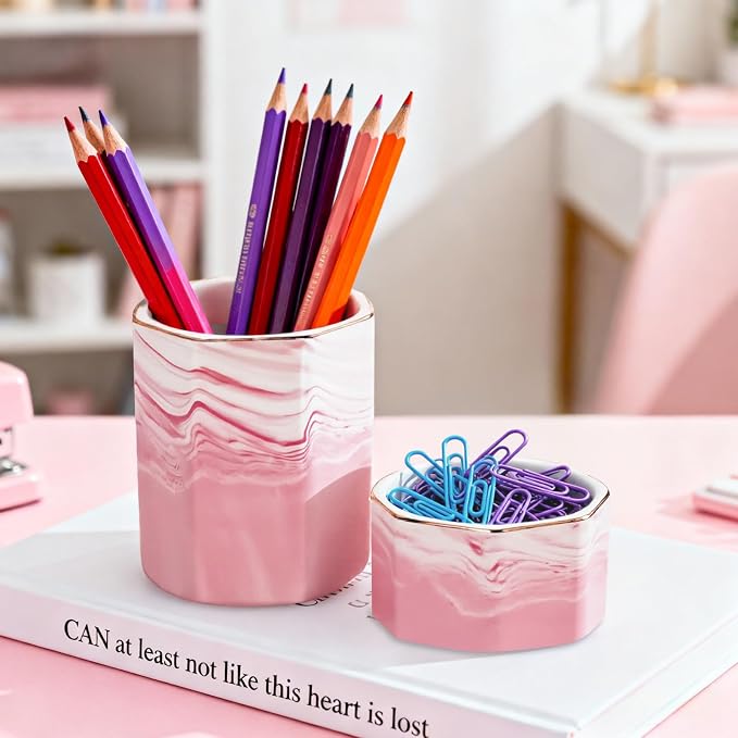Aesthetic Desk Accessories Set of 2 For Your Office Desk Decor- Sturdy Concrete Desktop Accessories For Women or Men Enhance Any Office Decor - Set incl. Pen Holder, Paperclip Storage (pink and white)
