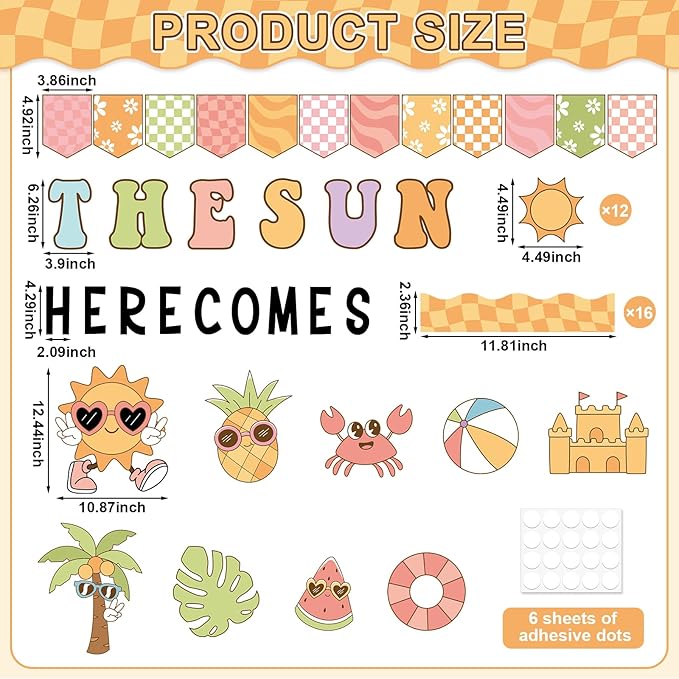 Summer Sun Bulletin Board Set Here Comes the Sun Classroom Decorations Bright Sunshine Name Tags Paper Cutouts Summer Bulletin Board Borders for Tropical Beach Back to School Wall Door Decor