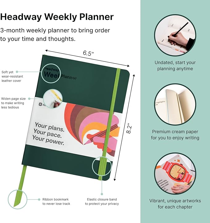 Headway 2026 Planner, 3-Month Leather Soft Cover Calendar Planner for Women, 8.2" x 6.5", Agenda & To-Do List Book with Bookmark, Undated Daily & Weekly Pages, Organizer for School Home Office, Green