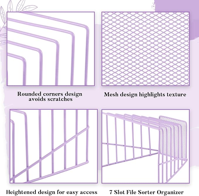 2 Pcs 7 Section Wire File Organizer for Desk, Metal Mesh Incline File Holder, Letter & Magazine Folder Rack, Desktop Paper Sorter for Home Office School (Purple)