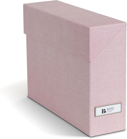 Bigso Lovisa Fiberboard Label Frame 12 File Storage Box - Paperwork Storage Box with Metal Label Holder - Durable Document Organizer with Flip Top Lid - 3.7in x 13in x 9.4 in - Melange Pink