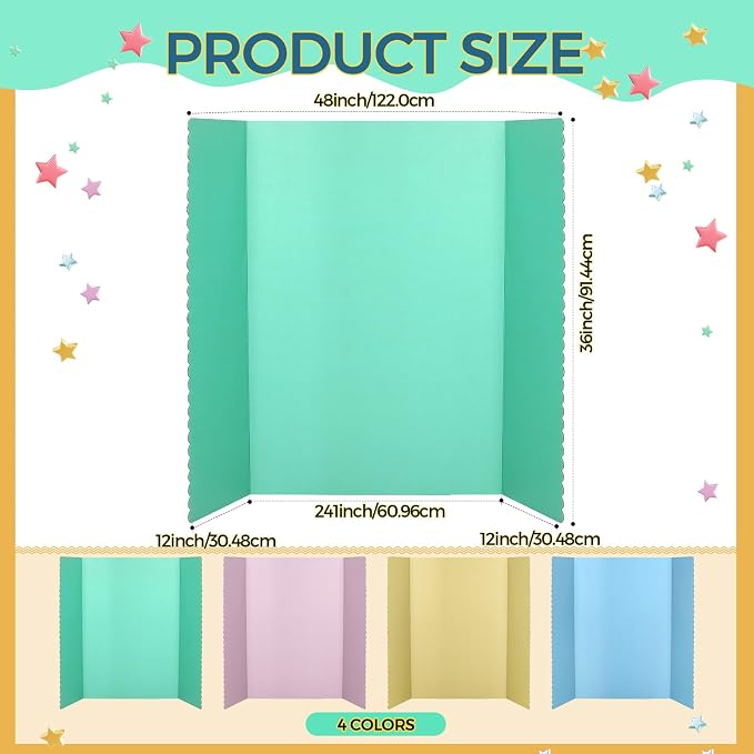 Mooliwe 4 Pack 48" X 36" Trifold Poster Board, Large Tri Fold Boards Foldable Corrugated Presentation Display Paper Scalloped Borders for Science Fair Events, School Projects, Exhibitions(Macaron)