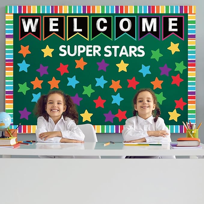 JarThenaAMCS 83Pcs Welcome Banner Bulletin Board Decoration Super Stars Paper Cutouts with 200Pcs Glue Points Colorful Bulletin Border Stickers for Back to School Office Home Decor