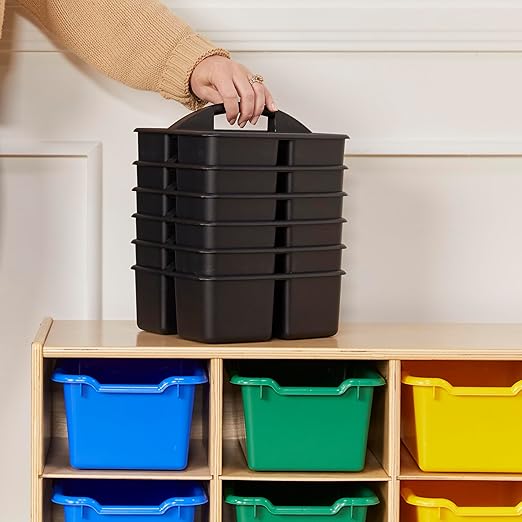 ECR4Kids 3-Compartment Small Plastic Caddy, Multipurpose Organization, Black, 6-Pack