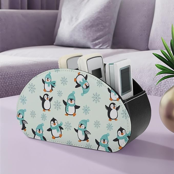 TV Remote Holder with 5 Compartments, PU Leather Desktop Organizer for Bedside Table, Office, and Living Room, Animal Penguin Cute Penguins