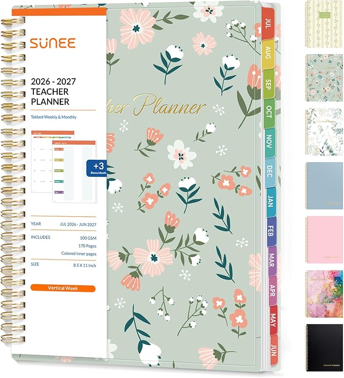 SUNEE Teacher Planner 2026-2027 Academic Year, Lite Lesson Planner Book with 7 Periods Jul 2026 - Jun 2027, 8.5"x11" Daily Weekly and Monthly Organizers, Plan Book with Pocket, Color Tabs, Wildflower