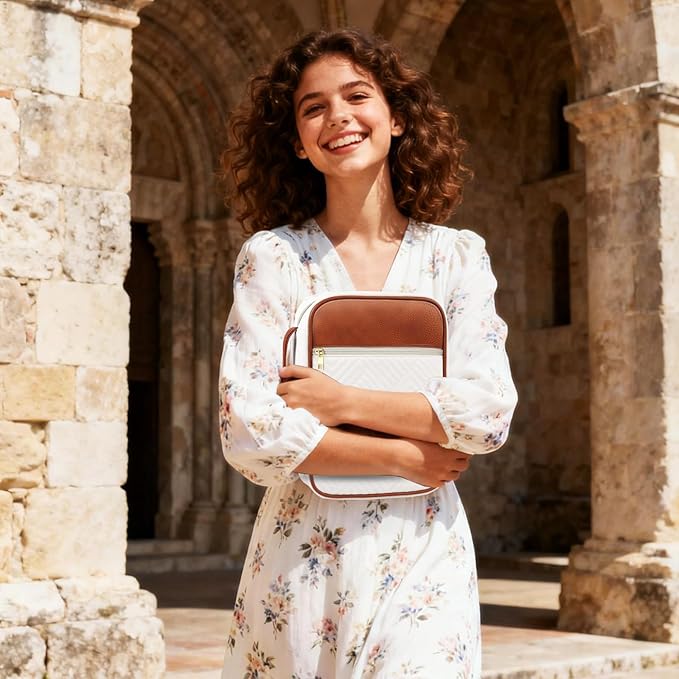 Bible Cover Case for Women, Quilted Large Handle Vegan Leather Bible Bags with Bible Study Supplies Accessories Church,Classroom,Campus,Neighborhood Association (Single White & Brown,M/L)