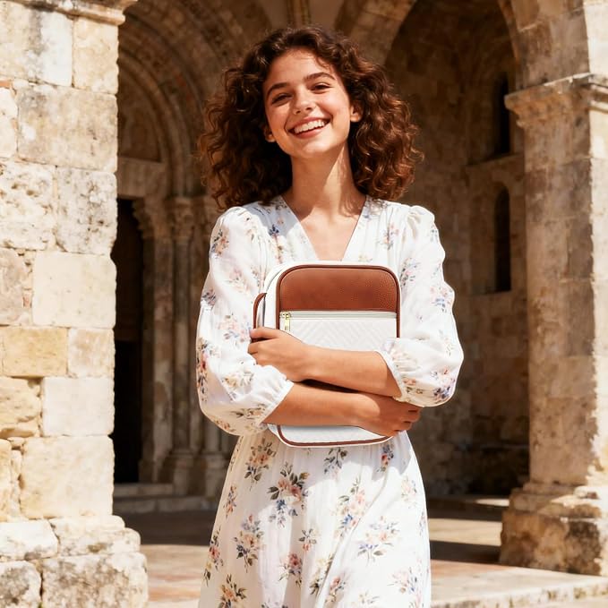 Bible Cover Case for Women, Quilted Large Handle Vegan Leather Bible Bags with Bible Study Supplies Accessories Church,Classroom,Campus,Neighborhood Association (Vintage White & Brown,M/L)