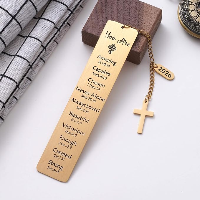 2026 Religious Bible Verses Bookmark with Cross Charm, Faith-Based Gift for Readers, Stainless Steel Christian Affirmation Book Mark, Bible Confirmation Accessories for Him Her, Gold