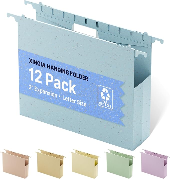XINGIA Plastic Hanging File Folders Letter Size, 2'' Expansion Hanging Folders with Adjustable Tab, 12 Pack Reinforced Hanging File Organizer, Stay Organized for Your Home and Office Bulk File