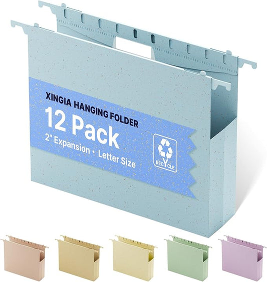 XINGIA Plastic Hanging File Folders Letter Size, 2'' Expansion Hanging Folders with Adjustable Tab, 12 Pack Reinforced Hanging File Organizer, Stay Organized for Your Home and Office Bulk File