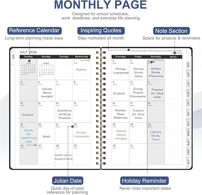 Planner 2026-2027, Weekly and Monthly Academic Year Calendar Planner, July 2026 - June 2027, Daily Agenda Book for Office School Supplies, A5(6.3'' x 8.5'')