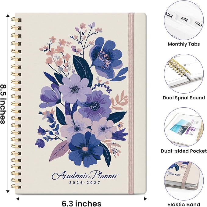 Planner 2026-2027, Monthly and Weekly Calendar Academic Planner July 2026 - June 2027, Hardcover Student Teacher Planning Agenda Book with Tabs, Perfect for Office School Supplies, A5 (6.3" x 8.5") - Lavender Bunch