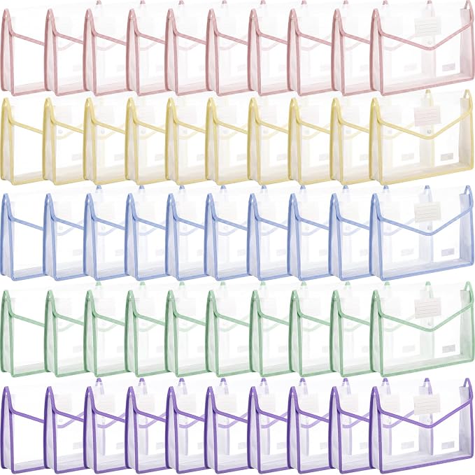 Handepo 50 Pcs Plastic Expanding File Folder Bulk - Transparent Large-Capacity Portable Documents Envelopes with Snap Closure for Office, Business, School - No Dividers (Macaron Colors,A4 Size)