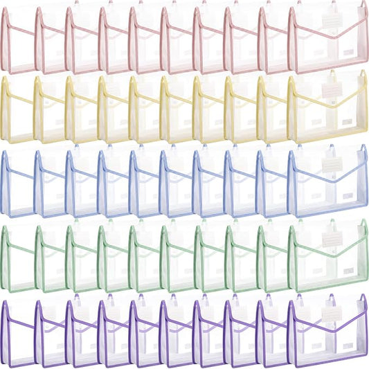 Handepo 50 Pcs Plastic Expanding File Folder Bulk - Transparent Large-Capacity Portable Documents Envelopes with Snap Closure for Office, Business, School - No Dividers (Macaron Colors,A4 Size)