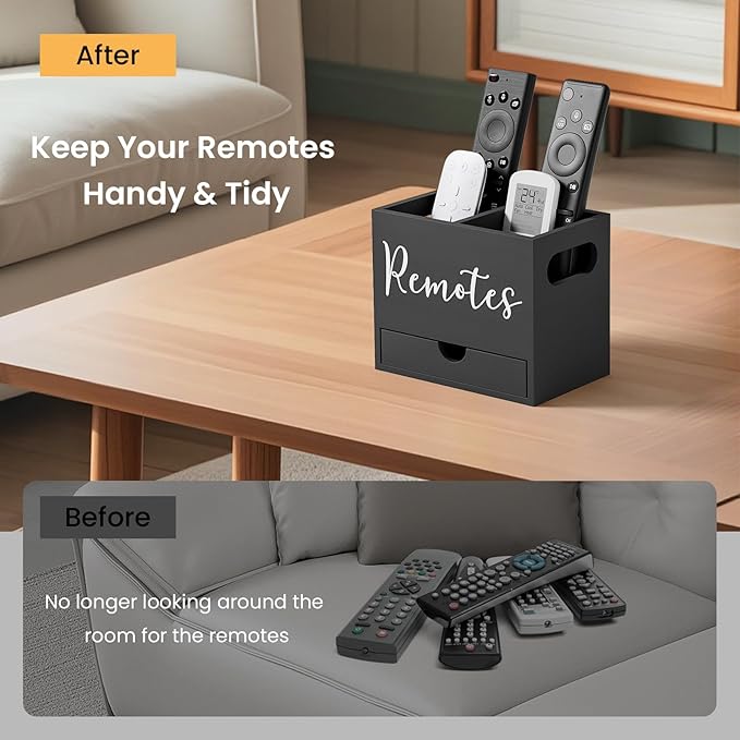 Remote Control Holder, TV Remote Holder with Drawer, Wood Remote Control Organizer for Table, Media Storage Box for Nightstand, Living Room (Black,2 Slots)
