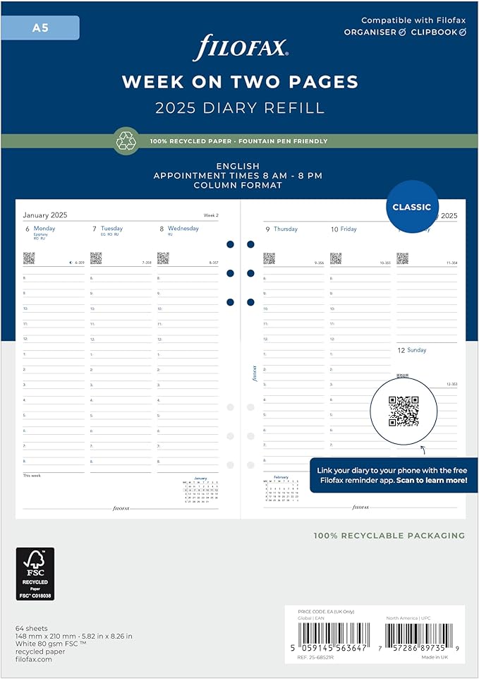 Filofax Calendar Diary Refill, A5 Size, Week-to-View with Appointments, White Paper, English, 2025 (C68521-25)