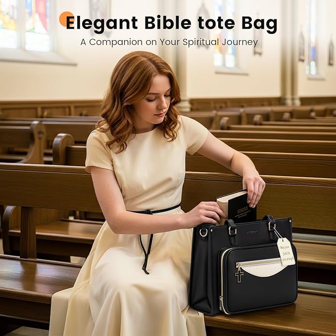 Ytonet Bible Bag with Bible Cover Case for Women, Premium PU Leather Bible Tote Bag Church Bag with Cross Zipper Design for Bible Study Supplies, Christmas Christian Gifts for Women, Black