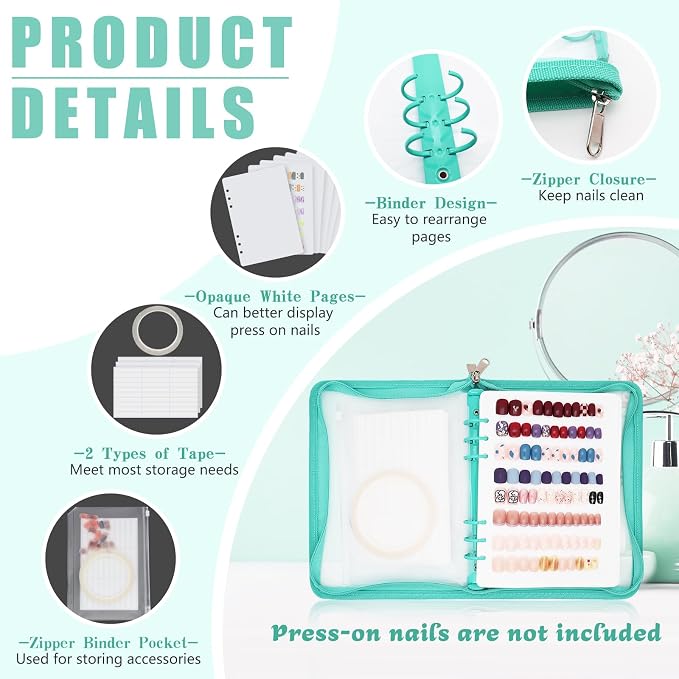 KEIFIN Press On Nail Storage Organizer Binder with 8 Insert Pages - A5 Size Reusable Fake Nail Swatch Collecting Book Polish Color Display Holder Container with Tape and Zipper Pocket (CYAN)