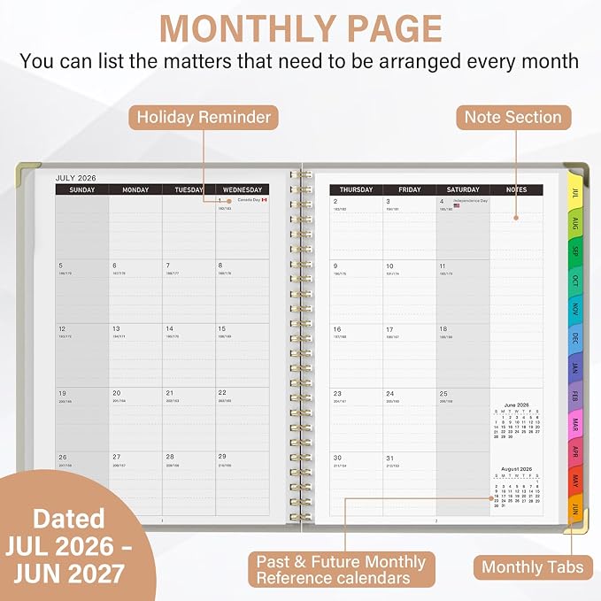 Planner 2026-2027, A4 Hardcover Weekly and Monthly Calendar Planner from July 2026 - June 2027, 8.5" x 11" Daily Agenda with Monthly Tabs, Spiral Bound, Inner Pocket, Cute Journal Organizer Notebook for Office School-Smiley Face