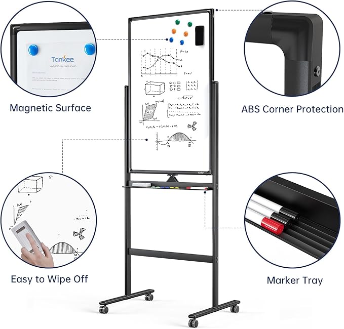 Mobile Dry Erase Board on Wheels - TANKEE 40 x 24 Magnetic Double Sided Whiteboard Easel, Large Reversible Rolling White Board with Aluminum Frame Standing for Office, Home, Classroom