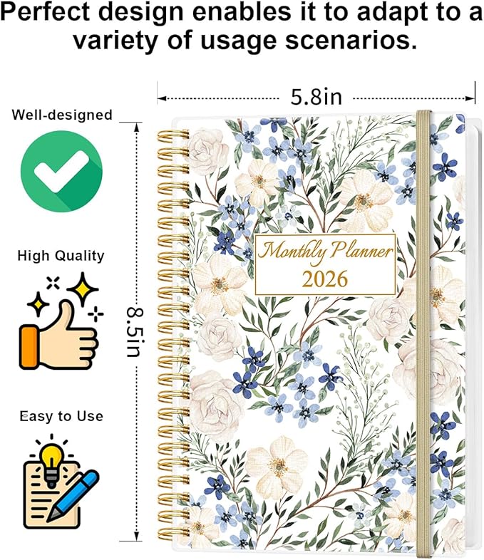 Monthly Planner 2026 - Monthly Calendar from January 2026 to December 2026, 2026 Planner with Inner Pocket, Elastic Band, 5.8" x 8.5", Crushed Flower