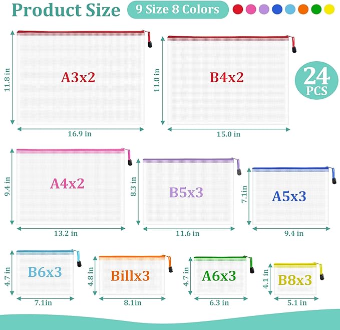24pcs Mesh Waterproof Pouch Bags, 9 Sizes Clear Pouches, Organizer Bags with Zipper, 8 Colors for Travel & Toy Storage