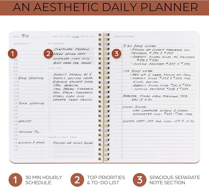 Beautiful Daily Planner And Notebook With Hourly Schedule - Aesthetic Spiral To do List Notepad to Easily Organize Your Tasks And Appointments - Stylish Book And School Or Office Supplies For Women