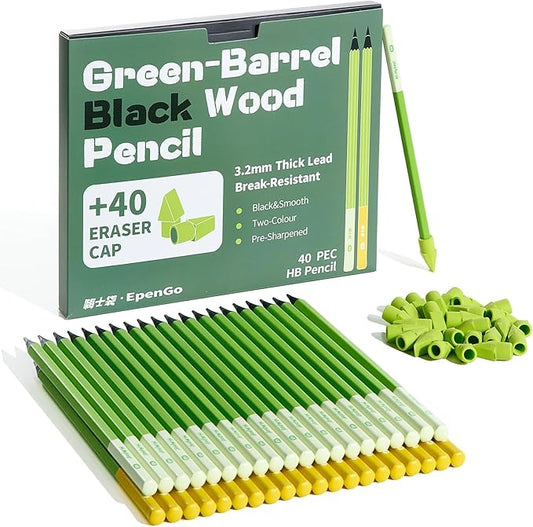 #2 HB Pencils, Bulk 40 Pack, Pre-Sharpened with Eraser, 3.2mm Thick Break-Resistant Lead, Black Wood Pencils for School, Classroom & Office Supplies