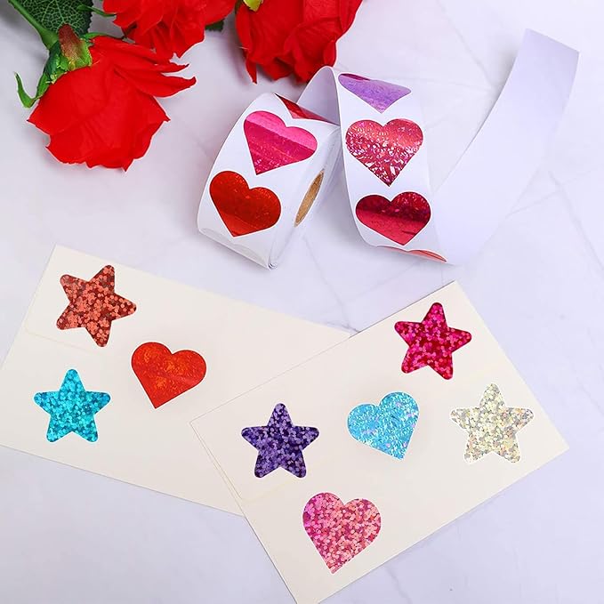 1000 PCS Incentive Stickers, Tekalobr Glitter Star and Heart Stickers, Reward Self Adhesive Stickers for Students Envelope Birthday Party Decoration Wedding School Classroom Teacher Supplies