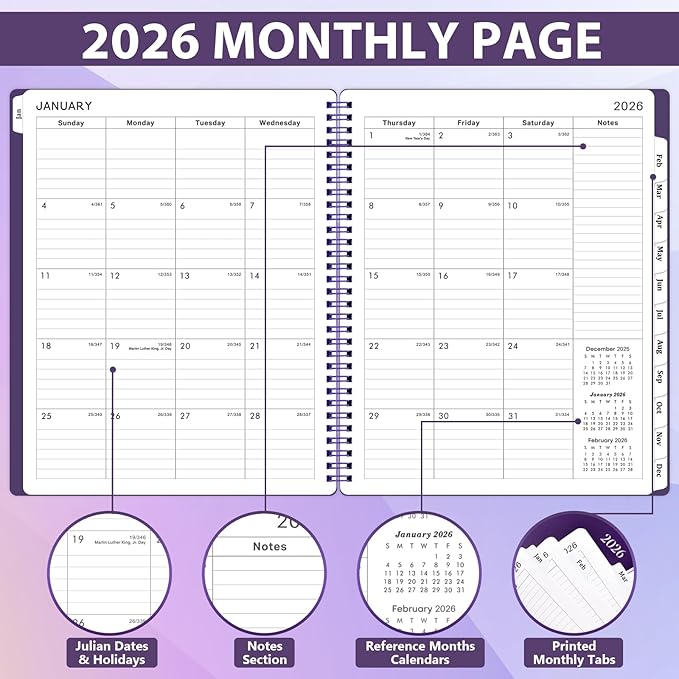 Planner 2026 - Weekly & Monthly 2026 Planner with Printed Tabs, Jan. 2026 - Dec. 2026, 8" x 10", Flexible Cover, Twin-Wire Binding, Premium Paper, Perfect Oganizer - Purple