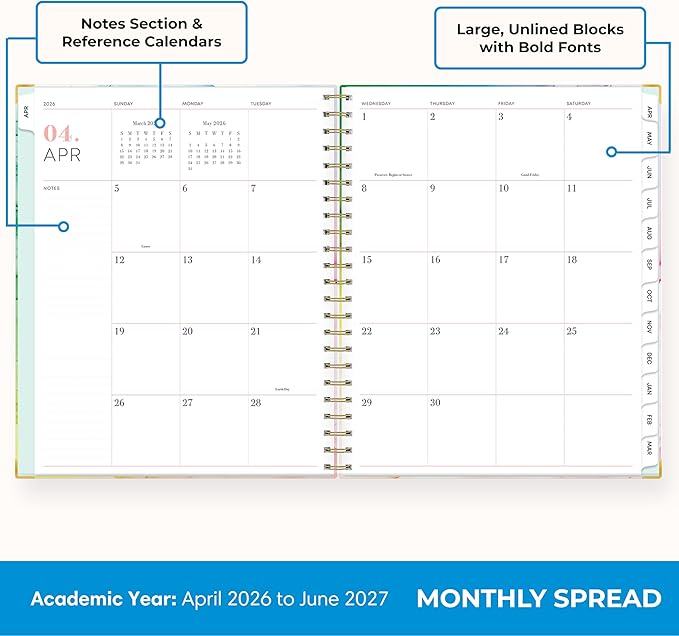 Blue Sky 15 Month 2026-2027 Weekly and Monthly Academic Year Planner Calendar, April 2026 - June 2027, 8.5" x 11", Hard Cover, Wirebound, Laminated Tabs, Storage Pocket, Includes Snap-in Ruler w/Sticky Notes & Sticker Sheet, Rainbow Ink