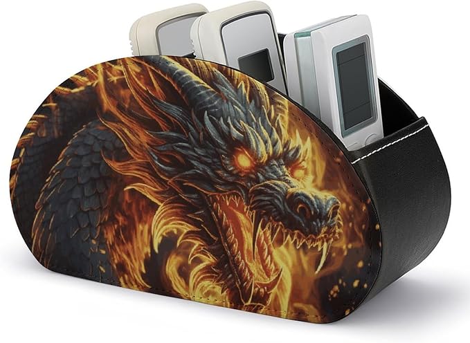 Pu Leather Remote Control Holders Waterproof TV Remote Holder with 5 Compartments Fire Chinese Dragon Remote Caddy Box Desktop Storage Organizers for TV Remotes/Media Controllers/Office Supplies