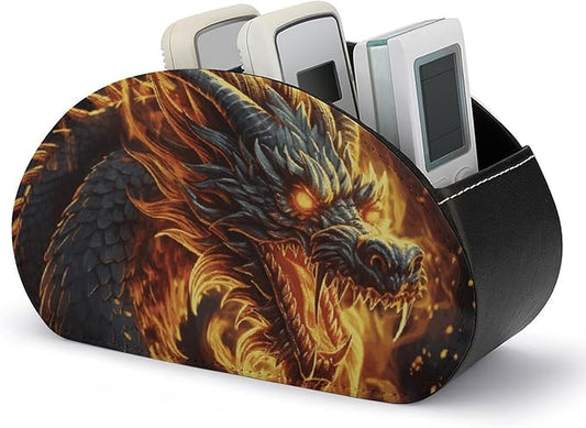 Pu Leather Remote Control Holders Waterproof TV Remote Holder with 5 Compartments Fire Chinese Dragon Remote Caddy Box Desktop Storage Organizers for TV Remotes/Media Controllers/Office Supplies