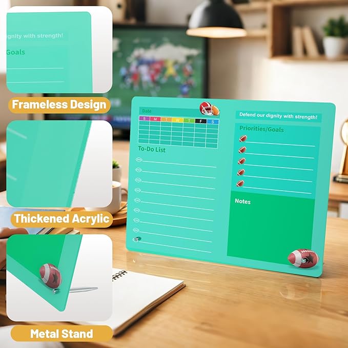 LeMotech Desktop Acrylic Dry Erase Board, 15.7x11.8 inches Weekly & to-Do List Planner, Tabletop Whiteboard with Stand, Office Supplies Includes 2 Markers & 1 Eraser, Green Football Pattern, 1 Pack