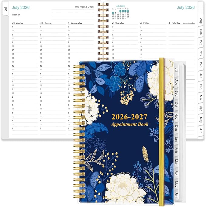 2026-2027 Appointment Book & Planner - 2026-2027 Daily Hourly Planner from July 2026 - June 2027, Weekly Appointment Book with 30-Minute Interval, Medium 6.4" x 8.5", Blue Leaf Flower
