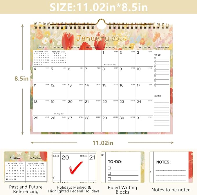 2026-2027 Wall Calendar - Includes January 2026 to June 2027, 18-Month Paper Wall Calendar 11 x 8.5 Inches.Thick Paper with Julian Dates and Block for New Year and Christmas Holidays To-dos ＆ Notes (F)