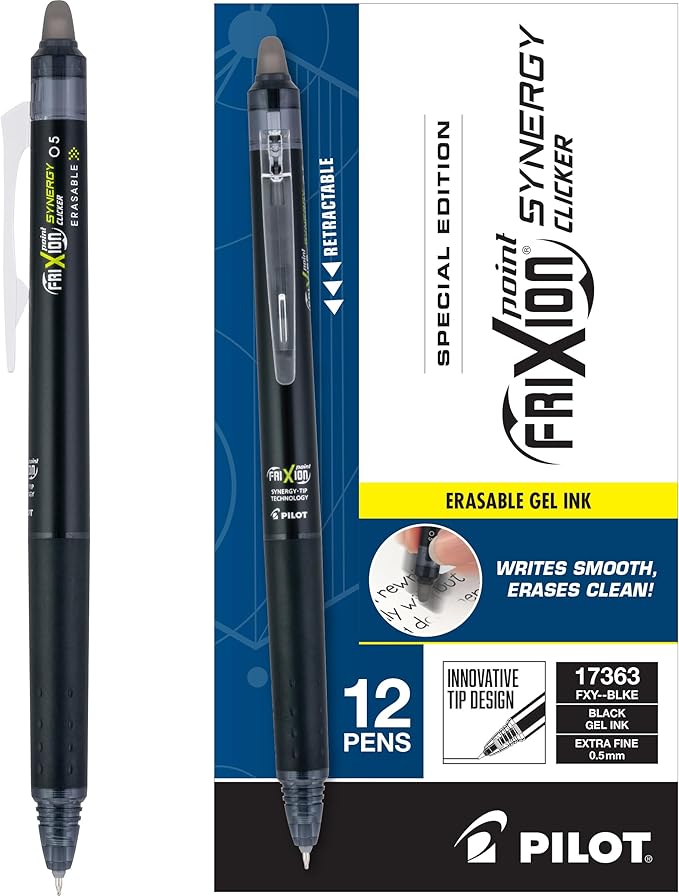 Pilot FriXion Synergy Retractable Clicker Erasable Gel Ink Pens, 0.5mm Extra Fine Point, Black Ink, Dozen